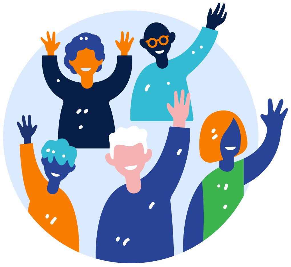 ilustración de participantes en ensayos clínicos levantando la mano