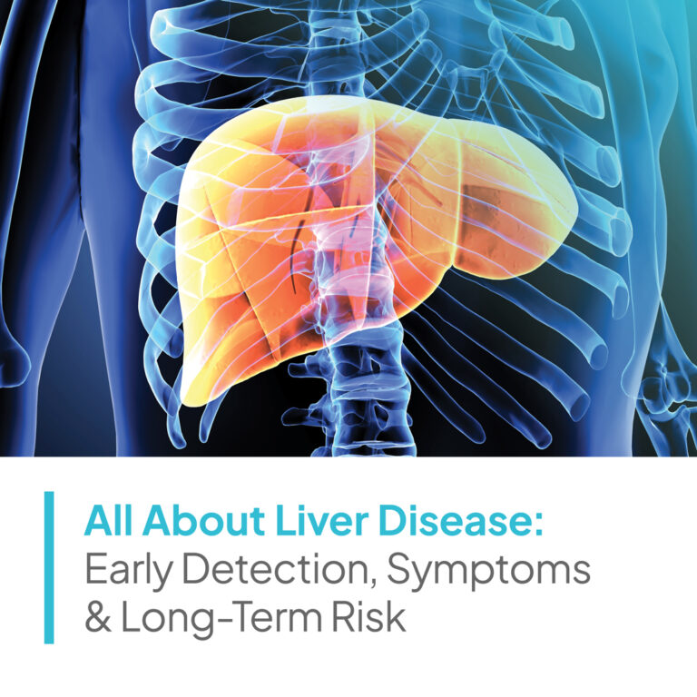 Liver Illustration with blog title, All About Liver Disease - Terminology, Early Detection, Symptoms and and Long Term Risk
